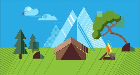 Flat geometric landscape. Mountain camp with a fire near the trees.