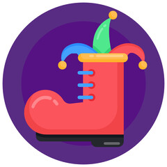 
Funny clown boot, flat round icon

