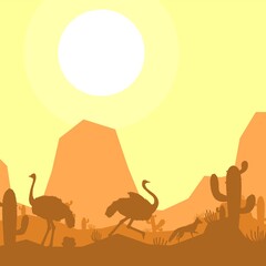 ostrich bird animal silhouette desert savanna landscape flat design vector illustration