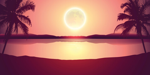 tropical landscape at night holiday banner with palm trees and full moon