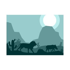 lion hunt boar animal silhouette desert savanna landscape flat design vector illustration