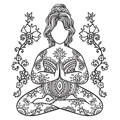 Plus size Yoga Girl Mandala. Ornamental feminine Vector illustration. Medallion yoga lotus pose india arabic style