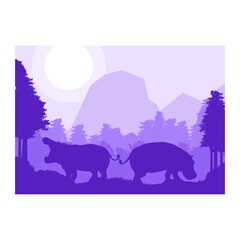 hippopotamus animal silhouette forest mountain landscape flat design vector illustration
