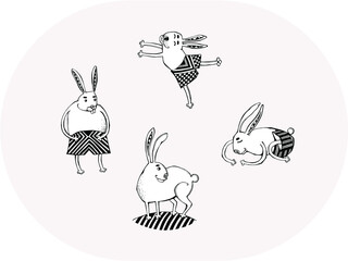 set of 4 isoleted rabbits drawn in black outline on a light-grey background