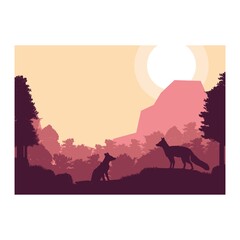 Fototapeta na wymiar fox animal silhouette forest mountain landscape flat design vector illustration