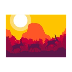 antelope deer animal silhouette forest mountain landscape flat design vector illustration