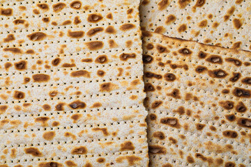 Traditional matzos as background, top view. Pesach celebration