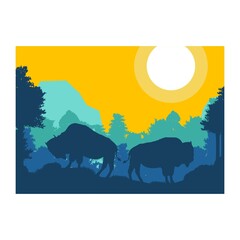 bison animal silhouette forest mountain landscape flat design vector illustration