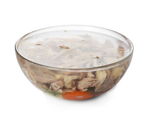 Delicious homemade aspic with meat in glass bowl isolated on white