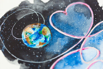 Watercolor picture of the cosmonaut, connected to the Earth by an umbilical cord, in outer space,...