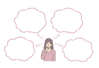 Vector Illustration of young woman in trouble or confused with speech bubbles.
