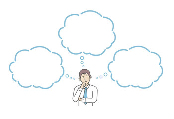 Vector Illustration of young business man in trouble or confused with speech bubbles.