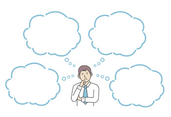 Vector Illustration of young business man in trouble or confused with speech bubbles.