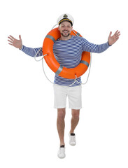 Happy sailor with orange ring buoy on white background