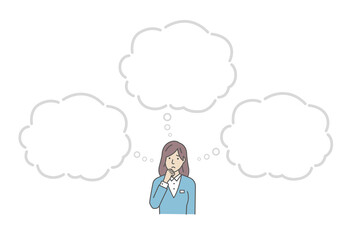 Vector Illustration of young business woman in trouble or confused with speech bubbles.