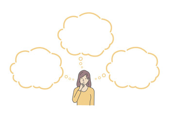 Vector illustration of a thinking woman with speech bubbles.