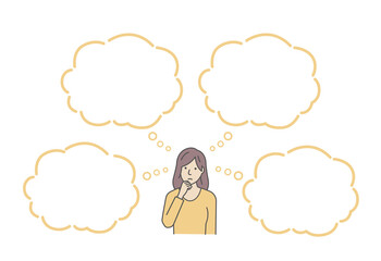Vector illustration of a thinking woman with speech bubbles.