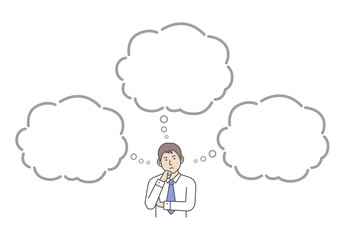 Vector illustration of a thinking businessman with speech bubbles.
