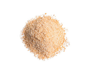 Pile of fresh bread crumbs isolated on white, top view