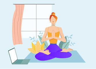 Online yoga with instructor at home.  Girl in asana doing physical exercises and watching online yoga classes on laptop. Lotus pose and meditating. Banner vector illustration.