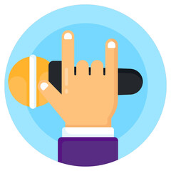 
Hand holding microphone, flat rounded icon of singing mic 

