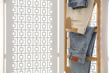 Rack with different new jeans in showroom. Space for text