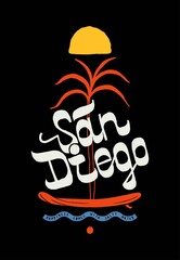 San Diego surfing t-shirt print with a palm tree on a surfboard and a sunset. Vintage typography summer sports vector illustration