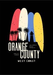 Orange County surfing t-shirt print with longboards and lighthouse on the cliff and palm trees vintage typography t-shirt print. - obrazy, fototapety, plakaty