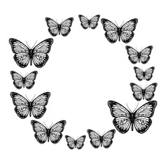 Fototapeta na wymiar a bitmap image of a butterfly on a white background arranged in a circle. Digital imitation of a pencil. Design for wallpaper, fabrics, textiles. Illustration for invitations, packaging, postcards.