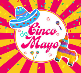 Obraz na płótnie Canvas Cinco de Mayo festive poster. Bright funny pinata on color background