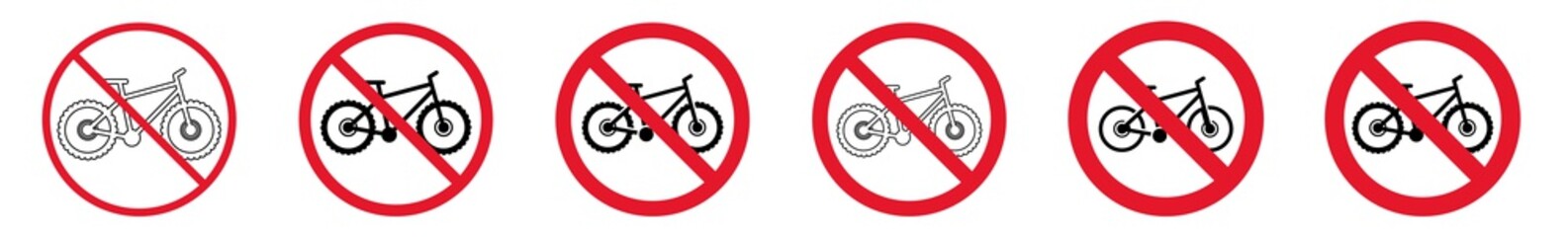 Prohibition Sign Bike Forbidden Icon Set | Mountain Bikes Prohibition Signs Bicycle Prohibited Vector Illustration Logo | Mountain Bike Biking Prohibition Sign Isolated Collection