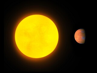 Terrestrial planet in orbit around a yellow star. Sun with a planet. Space landscape. 