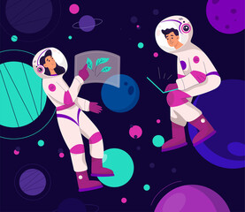 Man and woman astronauts flying in abstract neon background