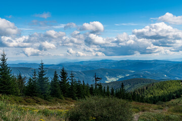View from Lysa hora hill in Moravskoslezske Beskydy mountains in Czech republic