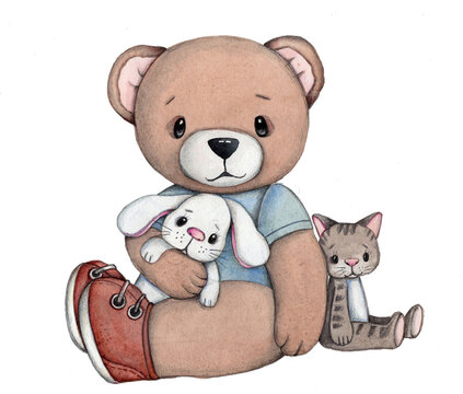 Naklejki Cute cartoon toy teddy bear  sitting with cat and hare toys. Watercolor hand drawn art, sketch, illustration, icon, print. Isolated on white background.