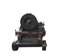 Fototapeta na wymiar Ancient cannon on wheels isolated on white background with clipping path. Copy space, no shadows