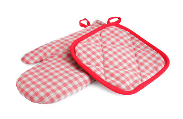 Oven glove and potholder for hot dishes on white background