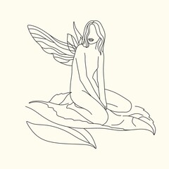 Woman's head with wings. One line drawing art. Freehand black and white outline. Vector illustration