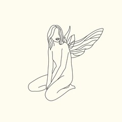 Woman's head with wings. One line drawing art. Freehand black and white outline. Vector illustration