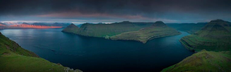 Panoramic view from Hvithamar near the town of Gjogv on the Faroe Island coast of Eysturoy over the...