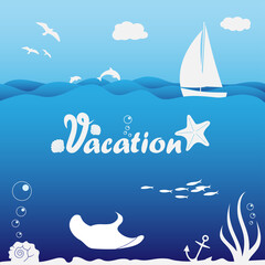 Seascape illustration, vacation card with sailboat on blue sea waves, dolphins, seagulls and beautiful underwater life. With papercut style elements. Vector 