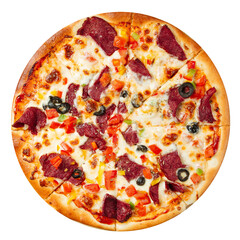 Isolated pizza with meat and vegetables on the white background