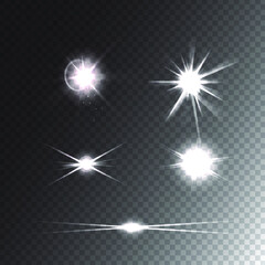 Realistic lens flares star lights and glow white elements. Eps 10 vector illustration.