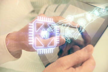 Multi exposure of man's hand holding and using a digital device and data theme drawing. Innovation concept.