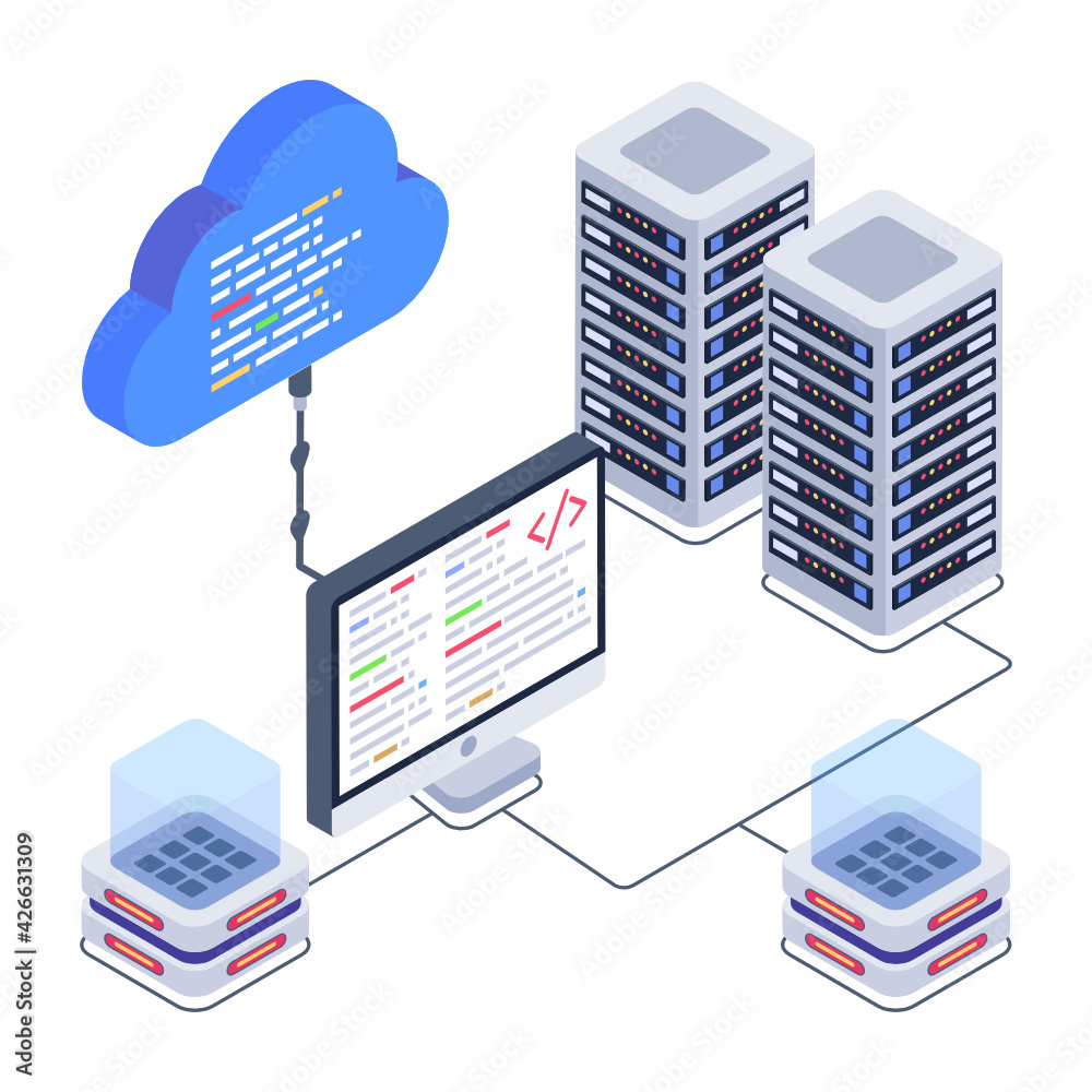 Sticker icon of data server room in modern isometric design