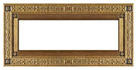 Panoramic gothic golden frame for paintings, mirrors or photo isolated on white background. Design element with clipping path