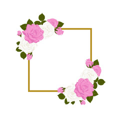 Greeting card in elegant pink and white roses and leaves wreath. Vector illustration.