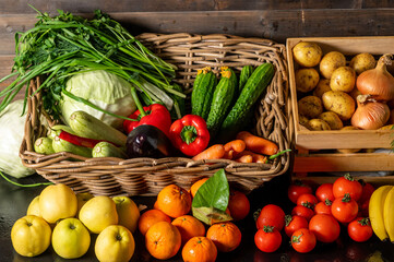 Vegetable farmer market counter: colorful various fresh organic healthy vegetables at grocery store. Healthy natural food concept
