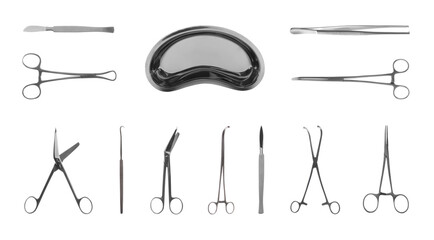 Set with different surgical instruments on white background. Banner design