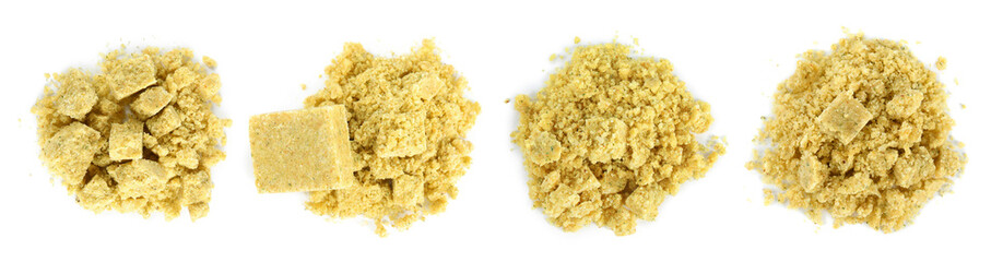 Set with bouillon cubes on white background, top view. Banner design